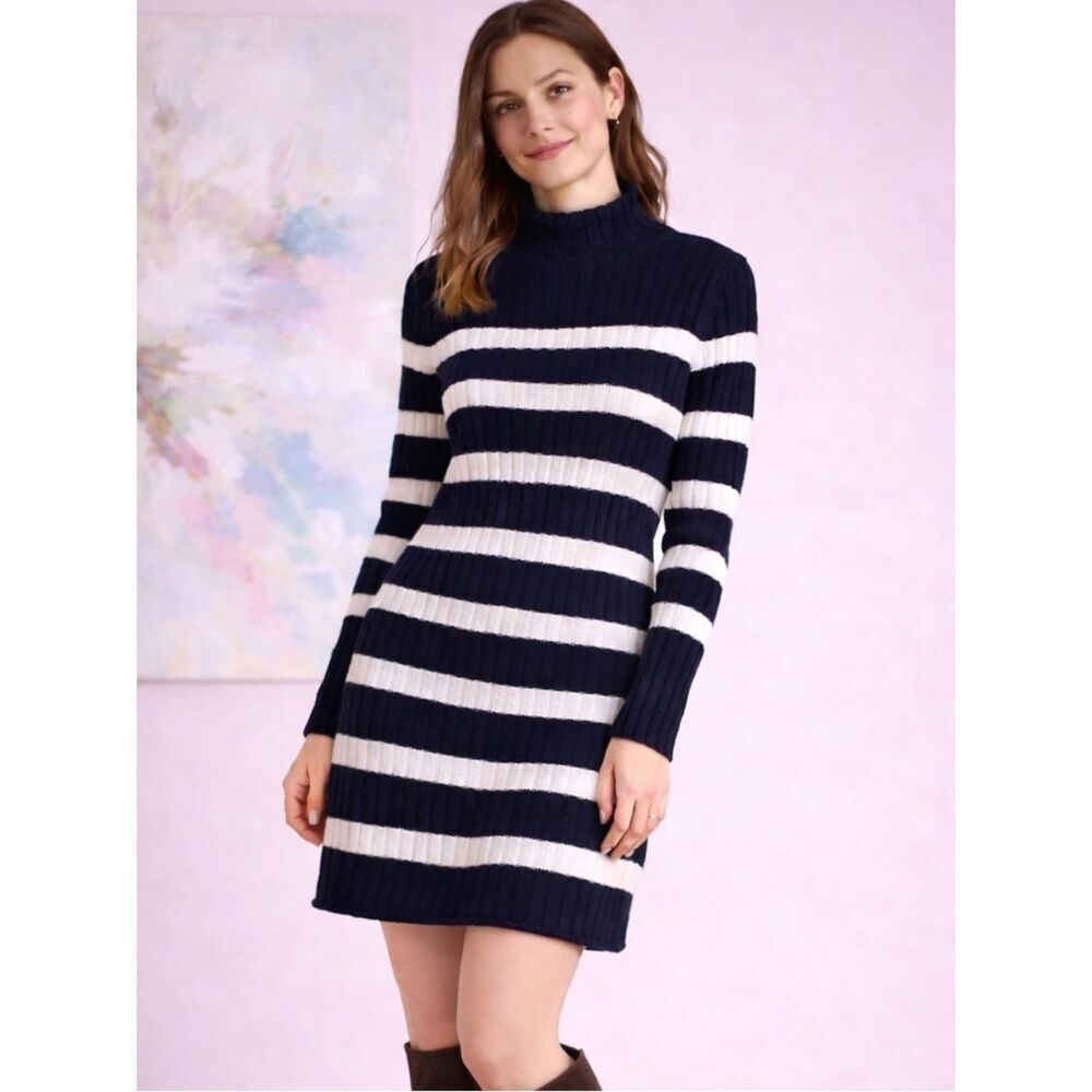 Vineyard Vines Nautxal Navy White Roll Neck Stripe Sweater Dress Mini XXS NWT